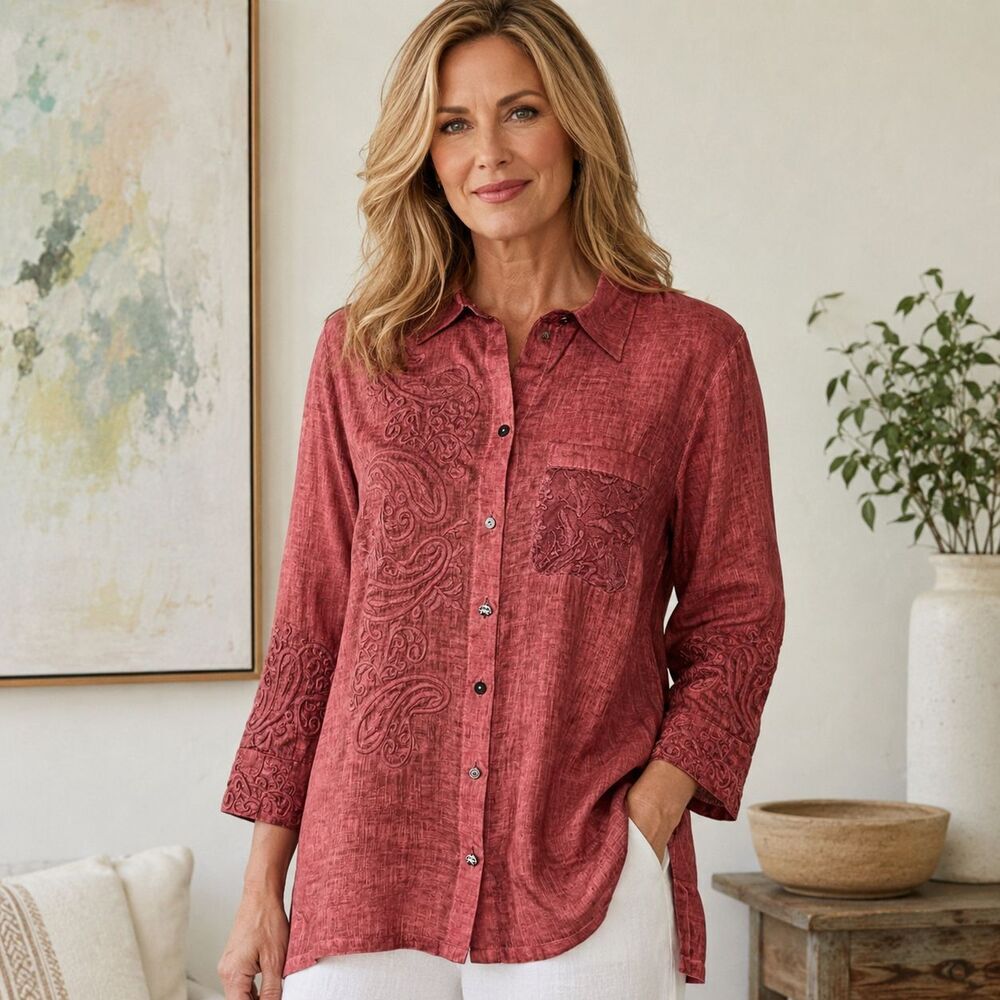 John Mark Linen Embroidered Tunic Shirt Womens M Pink Boho Artwear Button Top